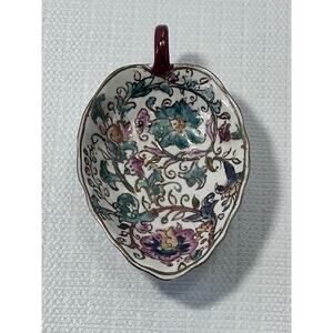 VTG Hand Painted Small Asian Floral Leave Shape W/ Handle Sauce Dish Decoration‎